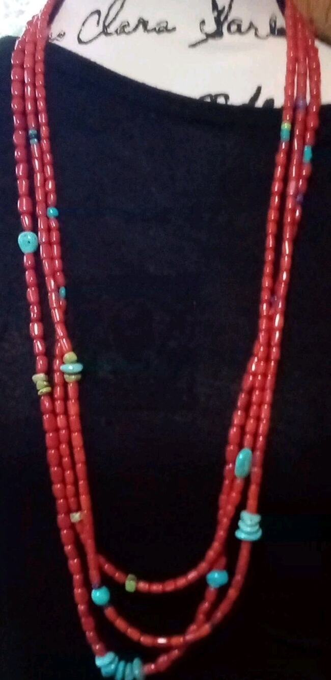 Vintage R Coriz Sterling Silver Red Coral W/Turquoise 3 Strand Necklace